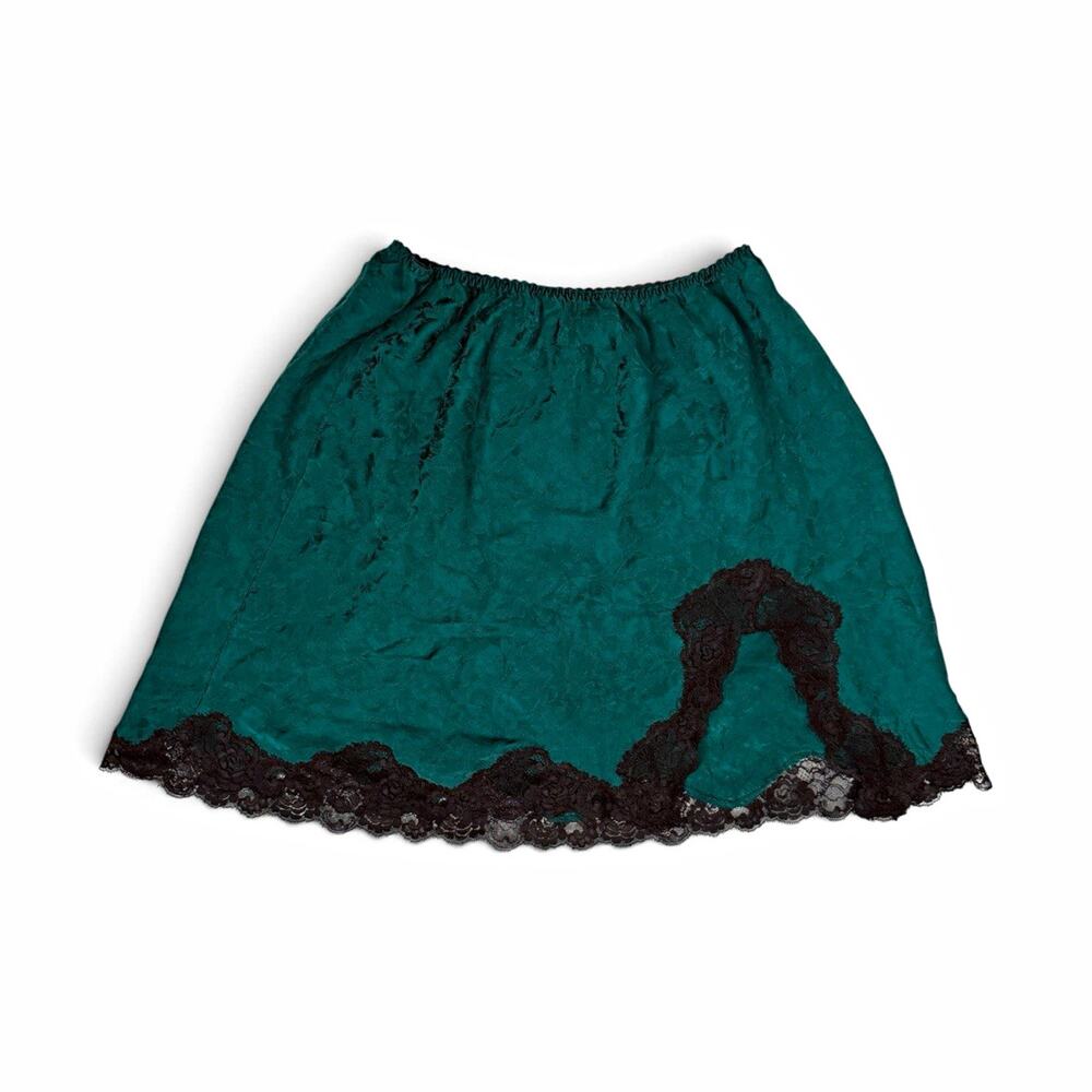 Wacoal 100% Silk Jacquard Half Slip Skirt | Medium | Teal Green Black Lace Trim